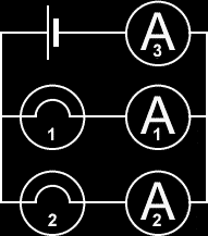 Two identical lamps connected in parallel with ammeters